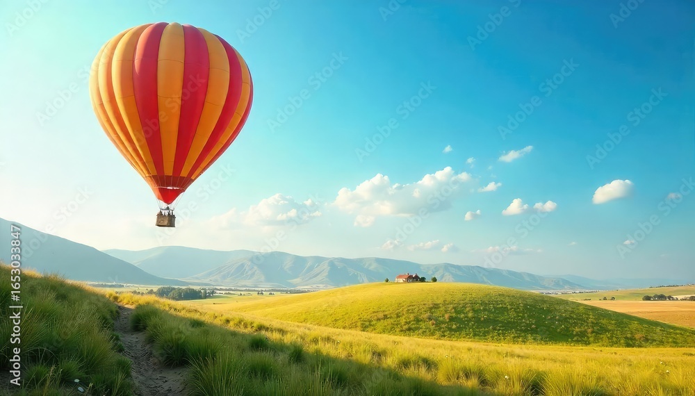 Obraz premium Whimsical Hot Air Balloon Soaring Over Vibrant Blue Sky, Casting Long Shadow on Scenic Landscape - Perfect for Travel, Adventure, and Freedom Themes