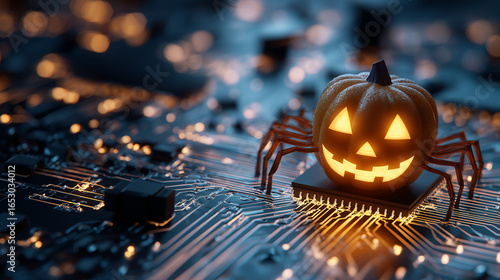 A cybersecurity-themed Halloween Jack-o’-Lantern with a spider, blending spooky vibes with digital security elements.
