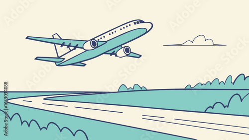 Airplane taking off over a road and landscape