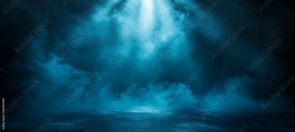 Fototapeta premium Mysterious bright blue spotlight beam piercing through dark smoky atmosphere illuminating the ground below with ethereal light