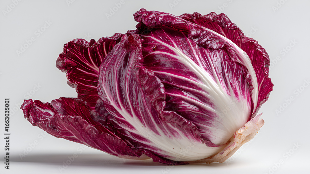 Obraz premium Radicchio head displaying vibrant red and white leaves, a fresh and visually appealing ingredient.