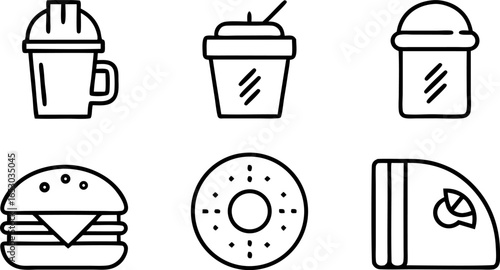 Food and Beverages: A selection of vector illustration food and drinks. From coffee to burger to doughnut, vector icon represent various deliciousness