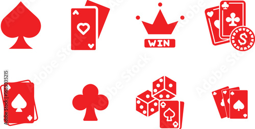 playing card symbols, spades, hearts, diamonds, clubs, casino, gambling, red and white, vector icons