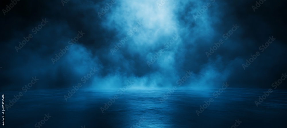 Obraz premium Mysterious blue light beam pierces through atmospheric fog and smoke illuminating a dark reflective surface below