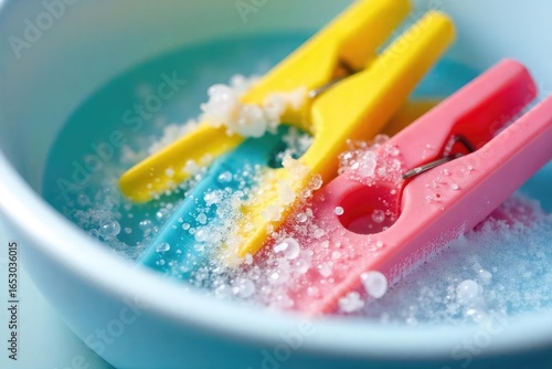 Bright Spring Cleaning Colorful Clothespins Soaked in Bubbly Soap Water
