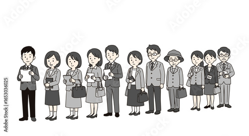 Monochrome illustration of a diverse group of business people, men and women, standing patiently in a long queue.