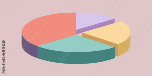 Isometric 3d pie chart with pastel colors on a light pink background