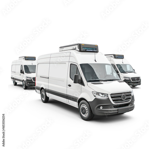 Three white vans lined up in a row. The transportation concept of commercial vehicles.