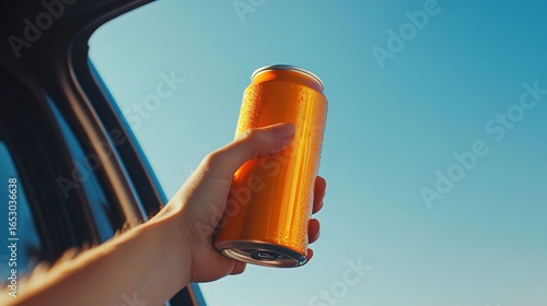A hand holding a tall slim orange soda can out of a modern car window, natural daylight, deep blue sky,