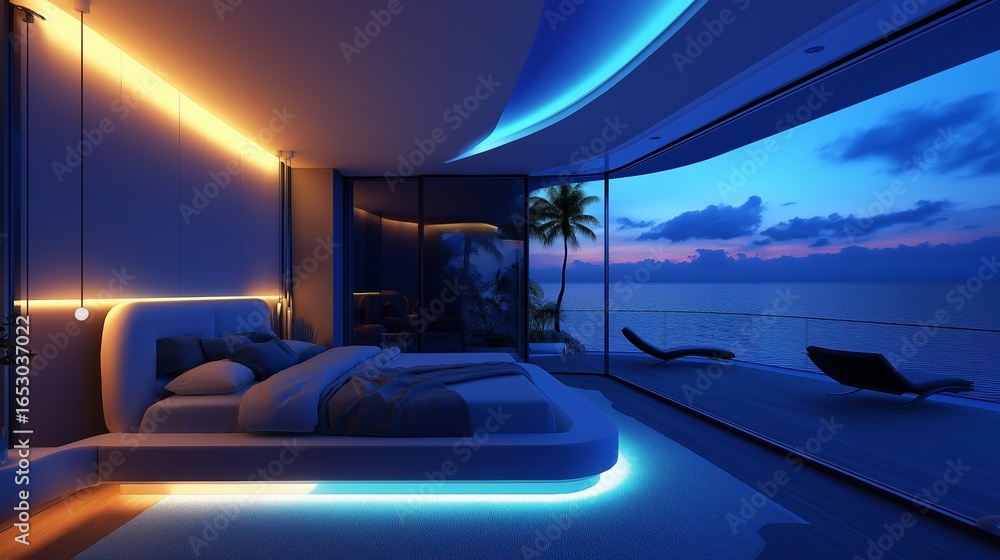 Fototapeta premium Cozy bedroom with stunning ocean view and moonlight illuminating the serene atmosphere at night