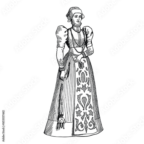 Medieval Woman Hand Drawn Illustration in Vintage Engraving Style