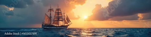 A majestic Victoria-era ship sails freely on a vast, open ocean under a dramatic sky; evoking themes of liberty and exploration , vintage, historical, stormy