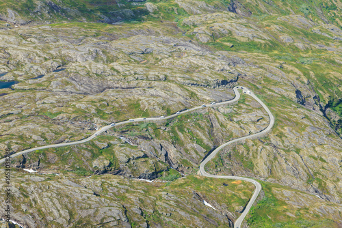 Photos Aerial view of switchback road packed with RVs, Norway summer