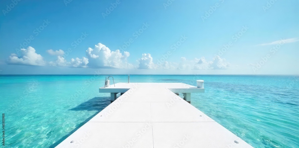 Fototapeta premium A pristine white pier extends into a calm sea, bathed in sunlight The scene evokes serenity and tranquility, perfect for travel or coastal-themed projects , vacation, nature