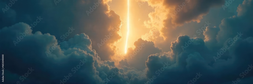 Obraz premium A single beam of light pierces through dark clouds, symbolizing hope, redemption, and spiritual awakening Perfect for religious, spiritual, or inspirational themes , rebirth, miracle