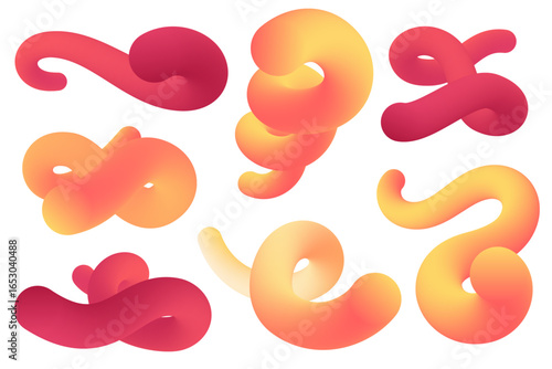 3D abstract shapes with gradient. Swirl graphic elements. Fluid curved orange and red lines on white background. Vector dynamic tubes for modern poster design