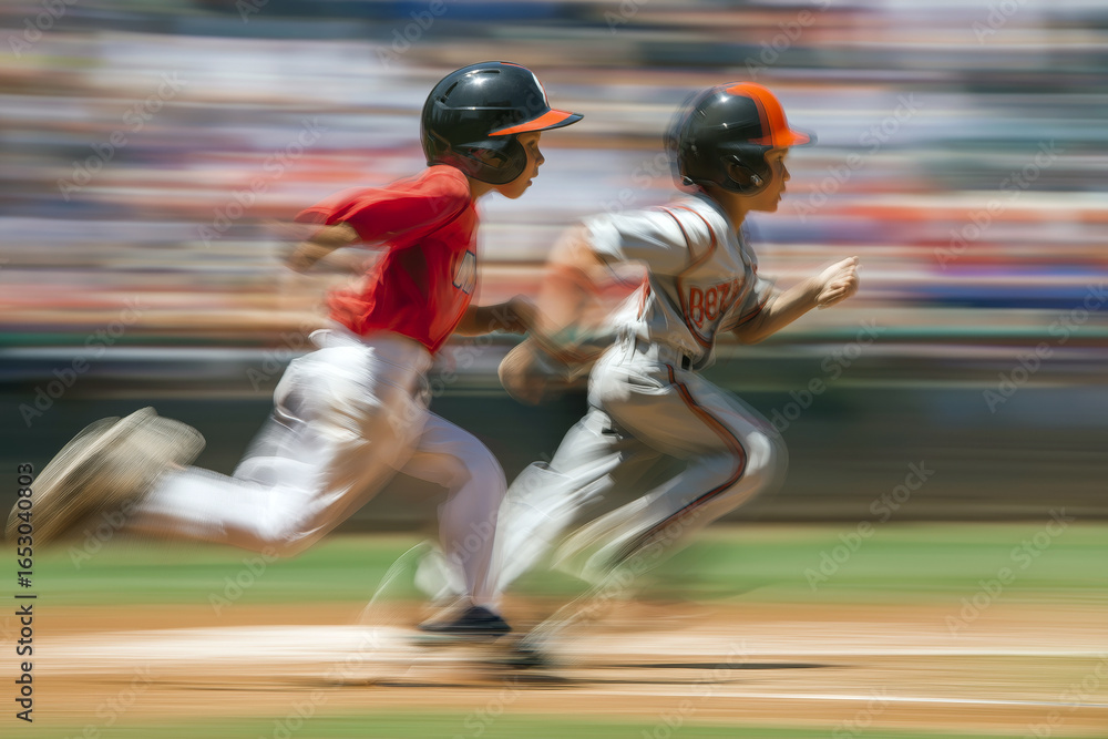 Fototapeta premium Kids running the bases during a little league game, motion blur to convey energy and speed.