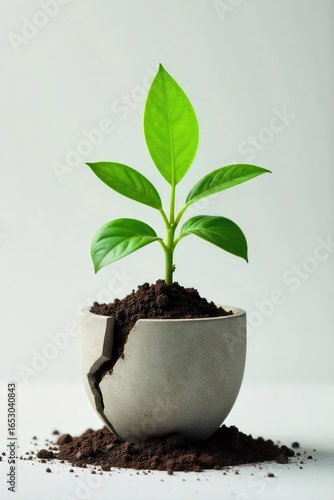 A vibrant green plant bursting from a cracked concrete pot, symbolizing resilience and upward growth, representing a thriving business expanding despite challenges , corporate, leaves, future