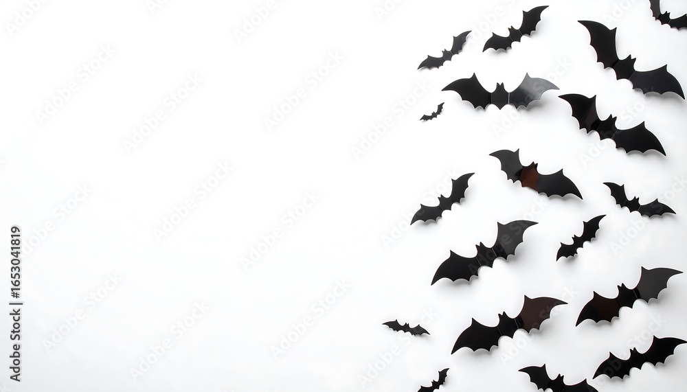 Obraz premium Black bat silhouettes artfully arranged against a plain white background, creating a minimalist Halloween aesthetic.