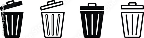 Trash Can Icons Open Closed Waste Bin Symbols in Black Isolated on Transparent