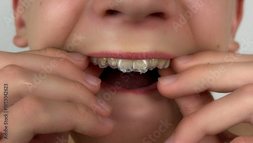 Wallpaper Mural Teenage boy putting on transparent dental mouthguard for bruxism, close-up of orthodontic aligner use in pediatric dentistry and oral health care Torontodigital.ca