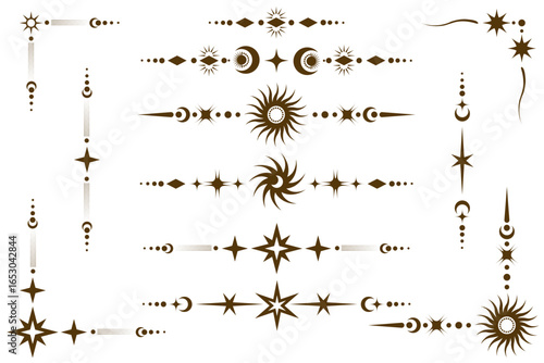 Celestial stars frame with magic ornament of moon and sun. Elegant astrology tarot divider for text and menu. Spiritual mystic decoration on white background.