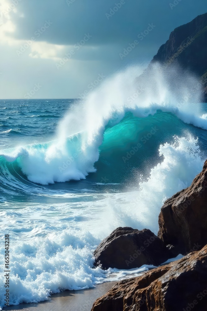 Fototapeta Powerful waves crashing on a rocky shore, sea foam spraying high, dramatic ocean scene with turbulent water A stunning display of nature's raw energy and beauty , sea foam, ocean, natural beauty