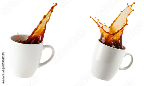 Coffee splash set PNG. Hot black coffee spilling out of a white ceramic mug isolated. Spilled coffee PNG. Brown coffee liquid overflowing and splashing from white cup isolated. Coffee caffeine PNG