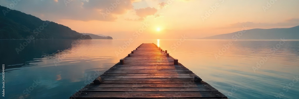 Fototapeta premium Tranquil scene of a wooden dock extending into calm waters, bathed in the soft light of sunrise Perfect for travel, nature, and serenity themes , sun, dock