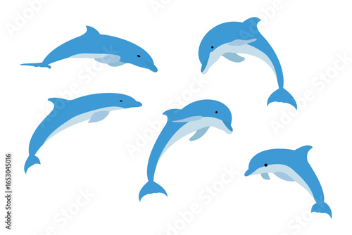 Funny cartoon dolphin characters vector illustration set.