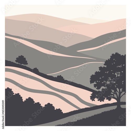 Stylized rolling hills landscape with trees and muted color palette graphic nature
