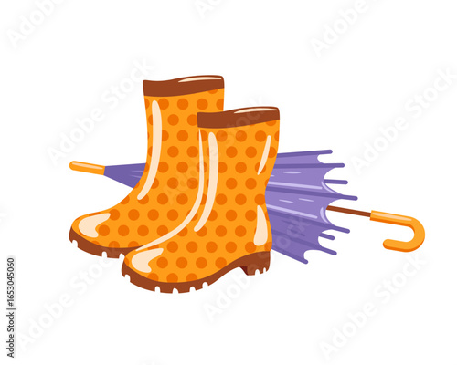 A charming vector illustration features yellow polka dot rain boots and a classic walking umbrella. The cheerful design captures the essence of playful rainy days, perfect for adding a whimsical touch