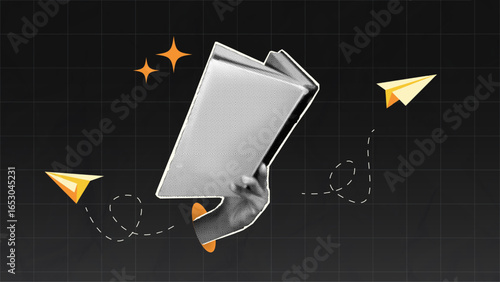 Halftone collage, hand holding a book with paper planes and black paper background. education, learning, reading, knowledge, literature, and study