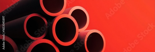 Stack of dark pipes on red background, industrial material and construction