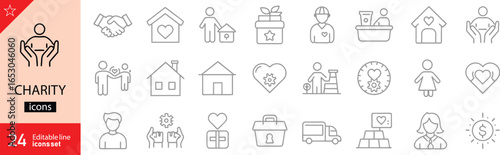 Charity related icon collection. Containing donation, community support, fundraising, volunteering, healthcare, shelters, and helping hands. Perfect for infographics. Editable stroke. Outline icons.
