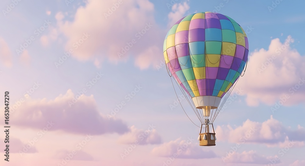 Naklejka premium Colorful Hot Air Balloon Floating in a Dreamy Sky with Pastel Clouds