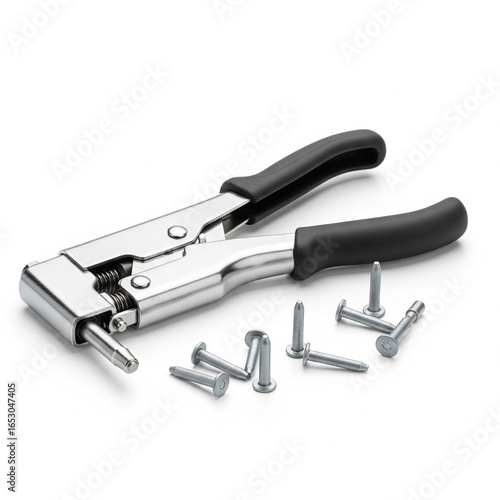 Close-up of a hand rivet gun with rivets on a white background.