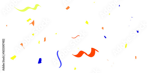 A festive and celebratory abstract background with a multitude of scattered confetti and streamers in red, orange, yellow, and blue, creating a joyful, dynamic pattern on a clean white background.