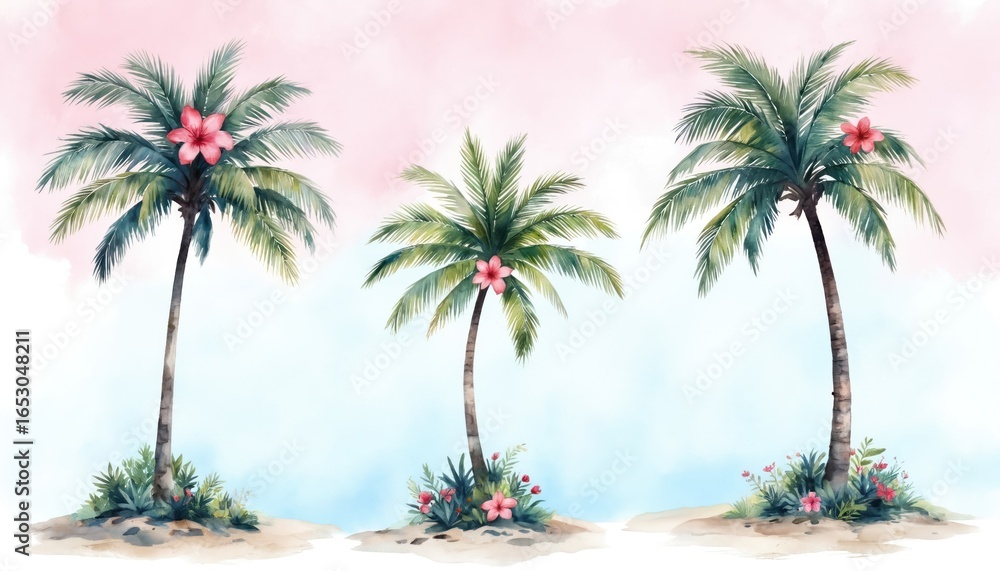 Fototapeta premium Watercolor illustration of three palm trees with vibrant pink flowers, green leaves against pastel pink, blue gradient sky. Tropical scene evokes sense of summer vacation, relaxation, exotic island