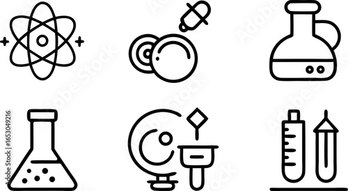 Illustration of a collection of science lab equipment, with an atom structure, petri dish, beaker, and graduated cylinders. The style is minimalist, suitable for scientific or educational use