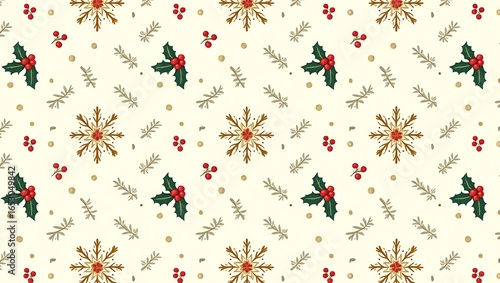 Festive christmas pattern with holly and snowflakes