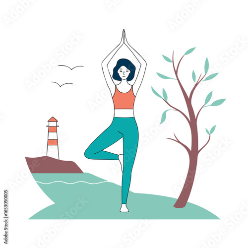 Woman in yoga tree pose by lighthouse and tree with birds flying vrikshasana meditation