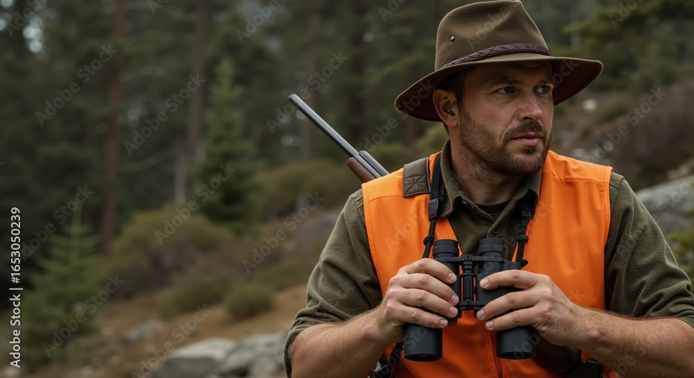 Fototapeta premium Male hunter observing nature with binoculars in forest environment 