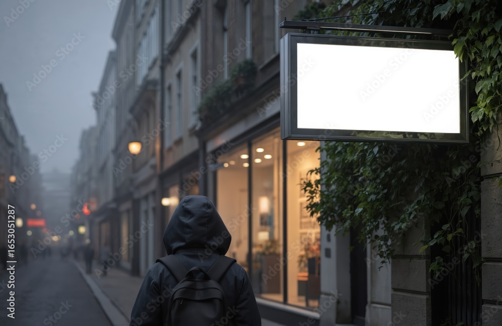 Fototapeta premium City street at night with solitary figure walking. Black jacket, backpack on. White billboard with black border on the right. Street lamps illuminate the scene.