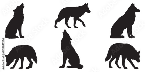 Black Howling Wolf Silhouette Vector Illustration Set on White Background