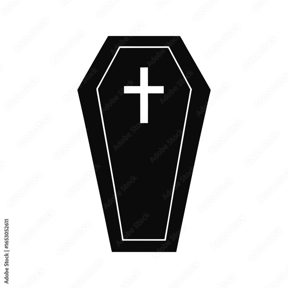 Obraz premium Minimal coffin silhouette with simple cross vector illustration with white background funeral icon