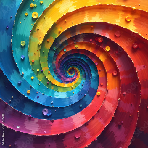 Vibrant spiral gradient with layered waves and scattered translucent beads and gems—deep blues and purples swirling into bright yellows and oranges for a dynamic abstract background