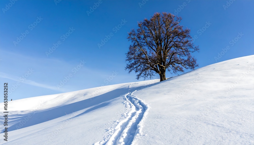 Fototapeta premium Winter landscape with lone tree on snow-covered hill