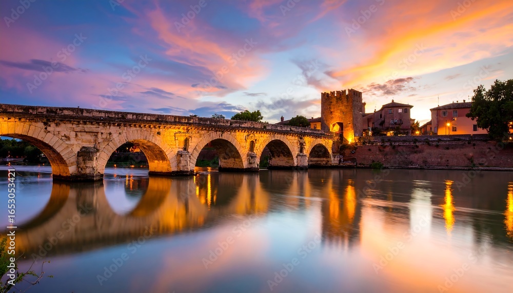 Fototapeta premium Ancient stone bridge at sunset, reflected in calm water, with a fortified tower and buildings in the background