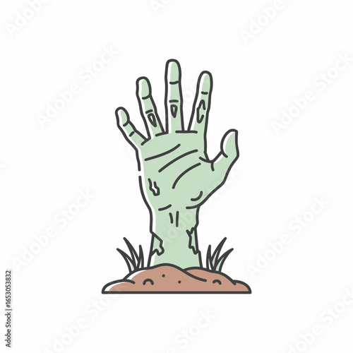 A spooky green zombie hand with rotting flesh rises from a dirt grave, a classic Halloween horror illustration.